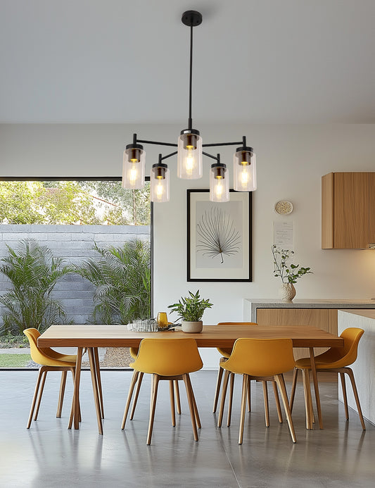 YANSUN 25 in. 5-Light Matte Black Chandelier with Clear Glass Shades E26 for Living Room, Dining Room, or Entryway (1-Pack)