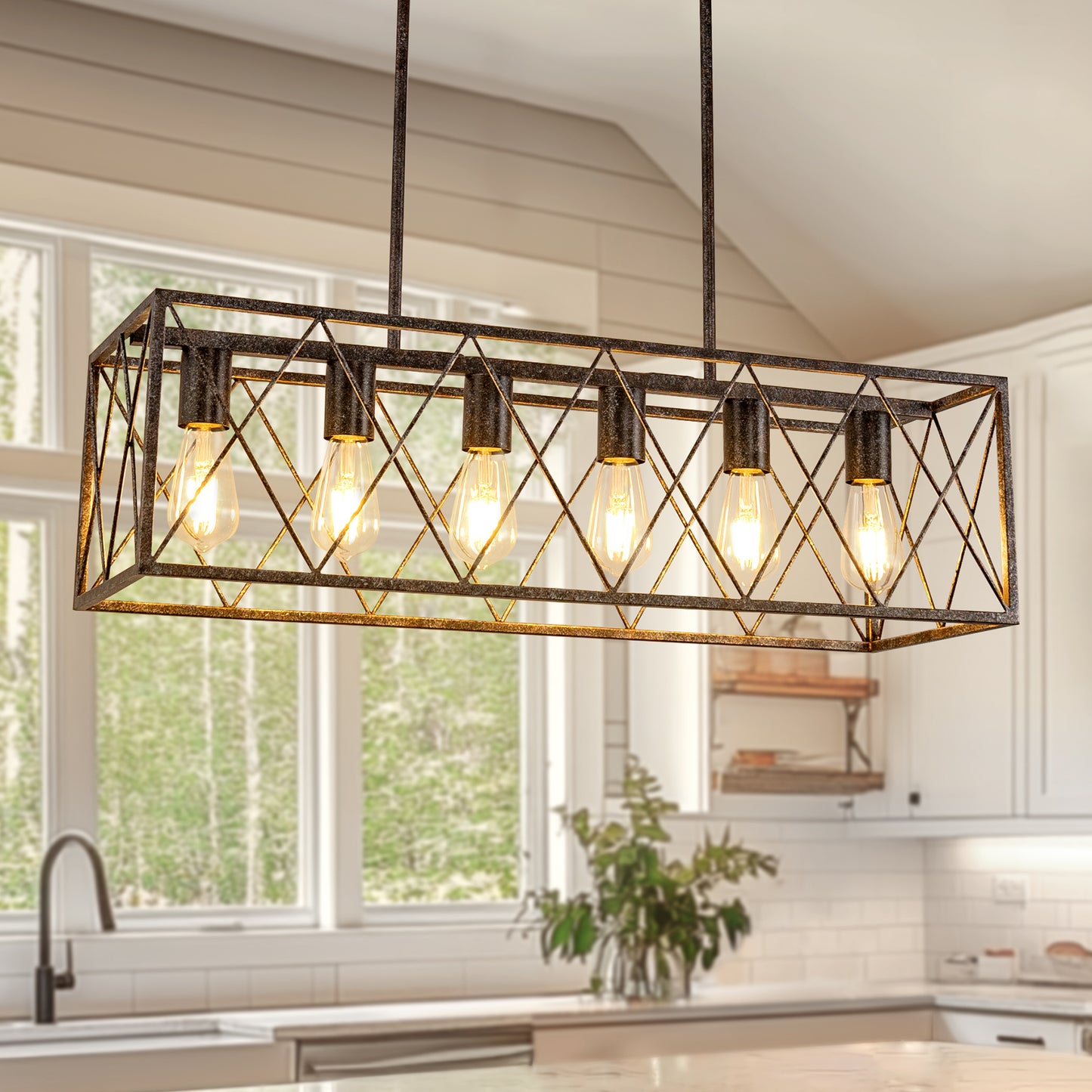 YANSUN 6-Light Brown/Oil Rubbed Bronze Farmhouse Chandelier, a Large Industrial Pendant Light for Kitchen Island or Dining Room