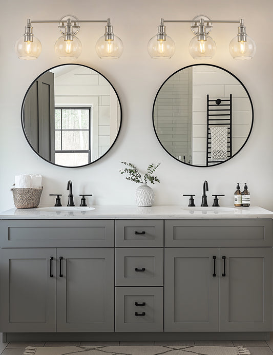 YANSUN 24 in. 3-Light Brushed Nickel Vanity Light with Clear Glass Globe Shades Perfect for Vanity Powder Room Dressing Room