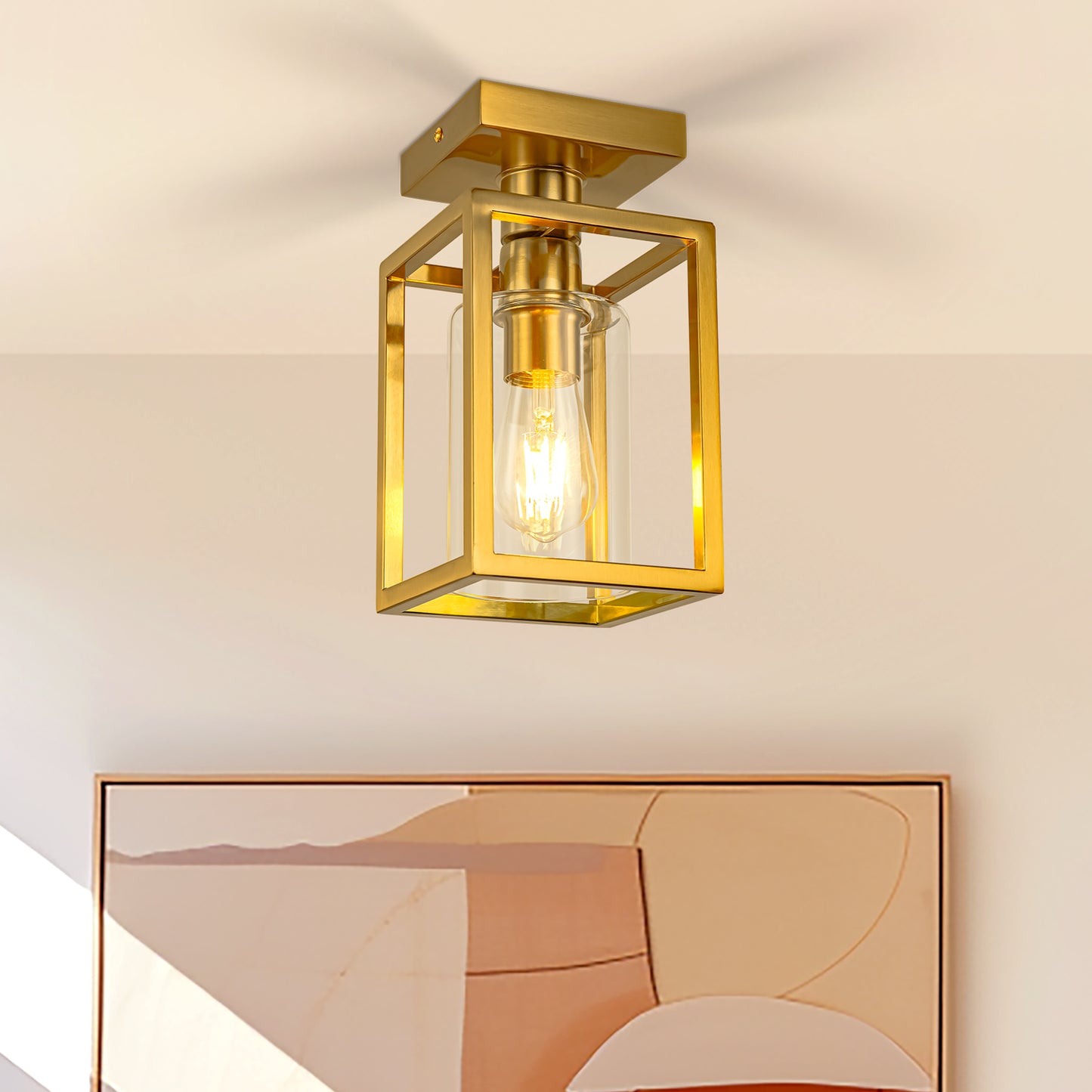 YANSUN 5.51 in. Gold 1-Light Cage Semi Flush Mount Ceiling Light with Glass Shade for Living Room Bedroom