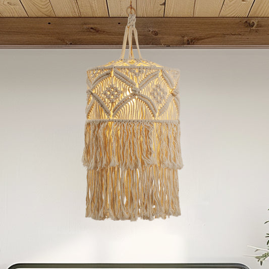 YANSUN 1-Light White Pendant Light Bohemian with Adjustable Macrame Rattan Shade, Plug-In and Adjustable Height