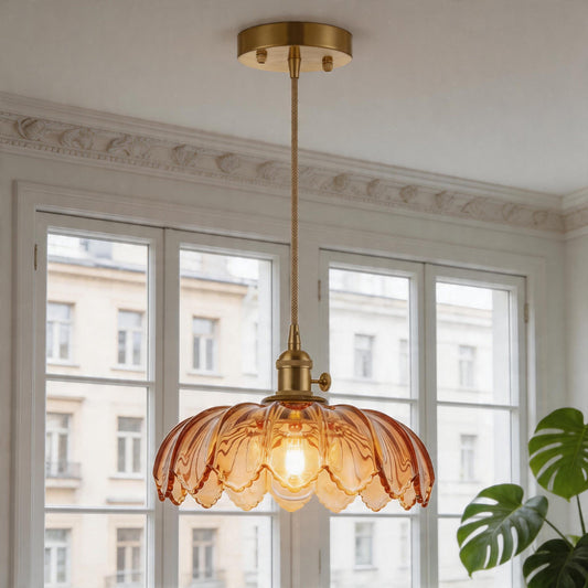 YANSUN 1-Light Brass Pendant Light with Amber Flower Glass Shade Vintage Hanging Ceiling Fixture for Kitchen Island