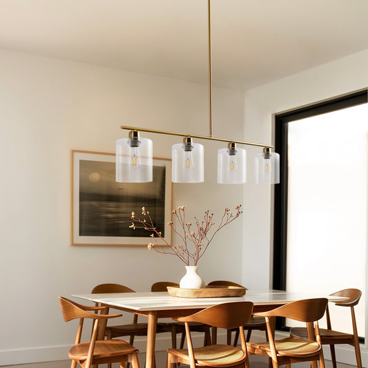 YANSUN 240-Watt 4-Light Gold Modern Island Pendant Light with Cylinder Clear Glass Shade for Dining Room Kitchen Island