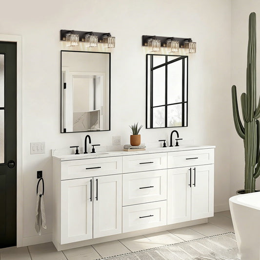 YANSUN 3-Light Vanity Mirror Light with Triangular Glass Shades, Sand Black Finish, Handcrafted Design, E26 Sockets