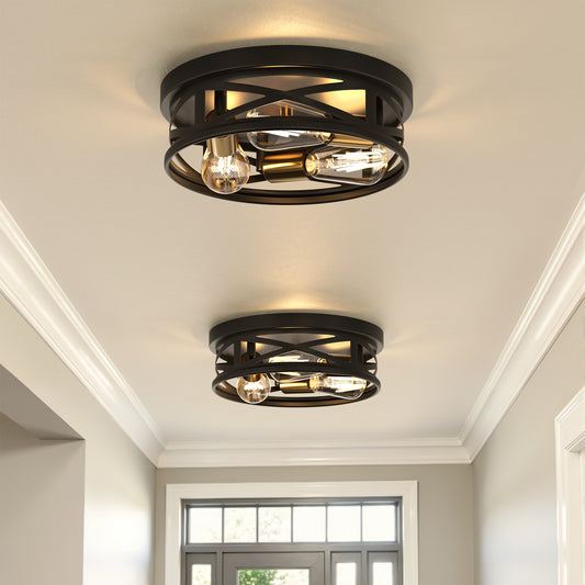 YANSUN 3-Light Matte Black and Antique Brass Semi Flush Mount Ceiling Light Modern Geometric Round Ceiling Fixture E26