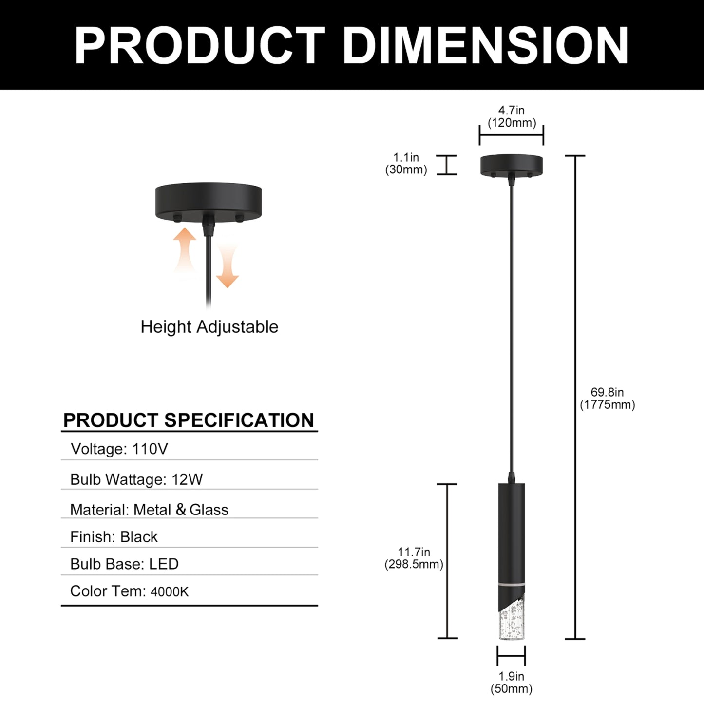 3-Pack1-Light 12W Black Integrated LED Chandeliers with Crystal Shade, Indoor Decorative Hanging Light Fixture 4000K