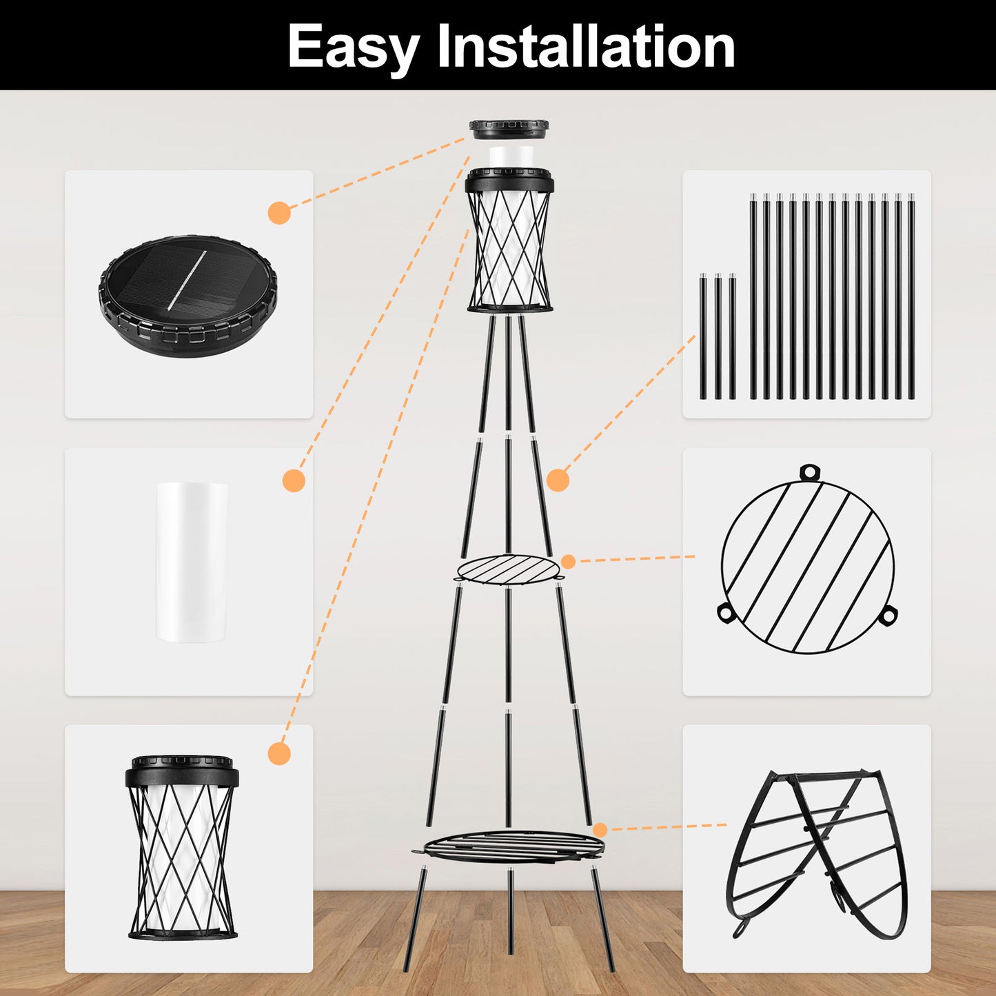 YANSUN Diamond Double-Layer Iron Frame Floor Lamp with 1W Monocrystalline Solar Panel, IP45, Black Finish, White & Warm Light