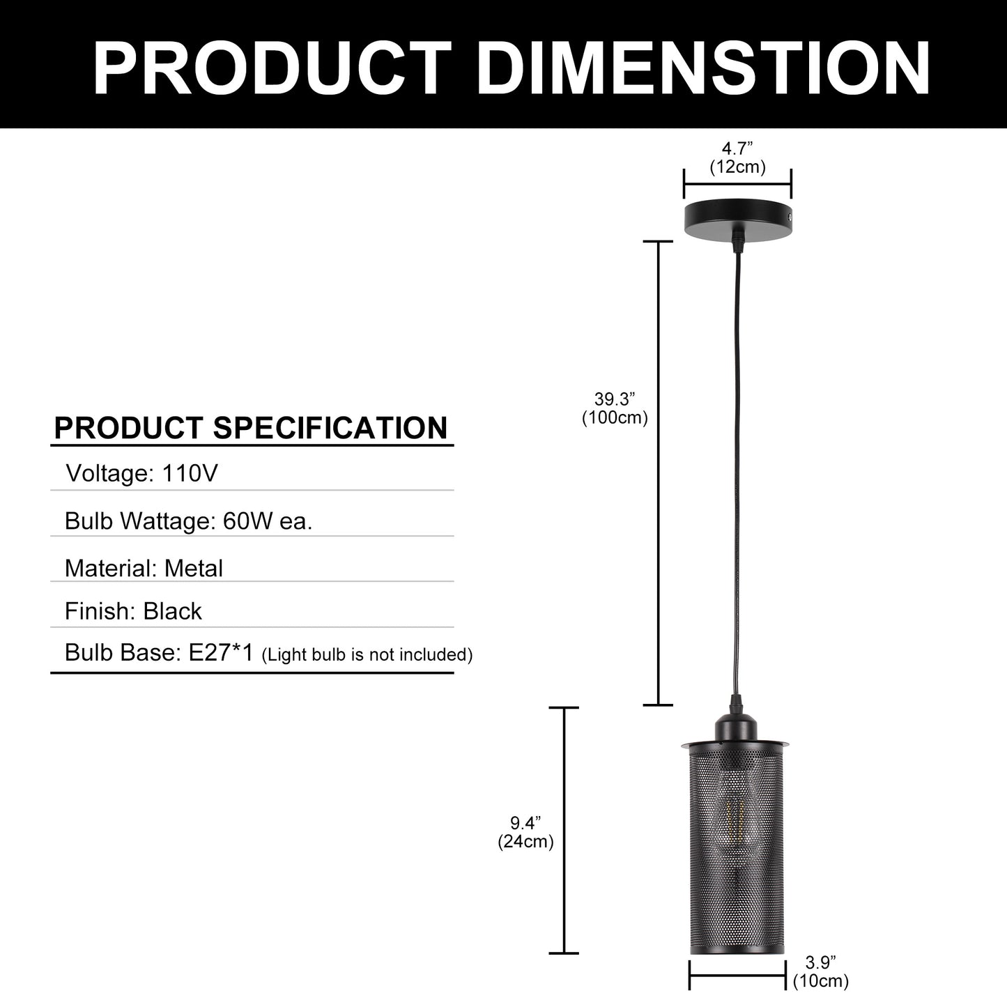 YANSUN 1-Light Industrial Black Pendant Light with Cylinder Shade E26 Ceiling Hanging Light Fixture, Bulb Not Included