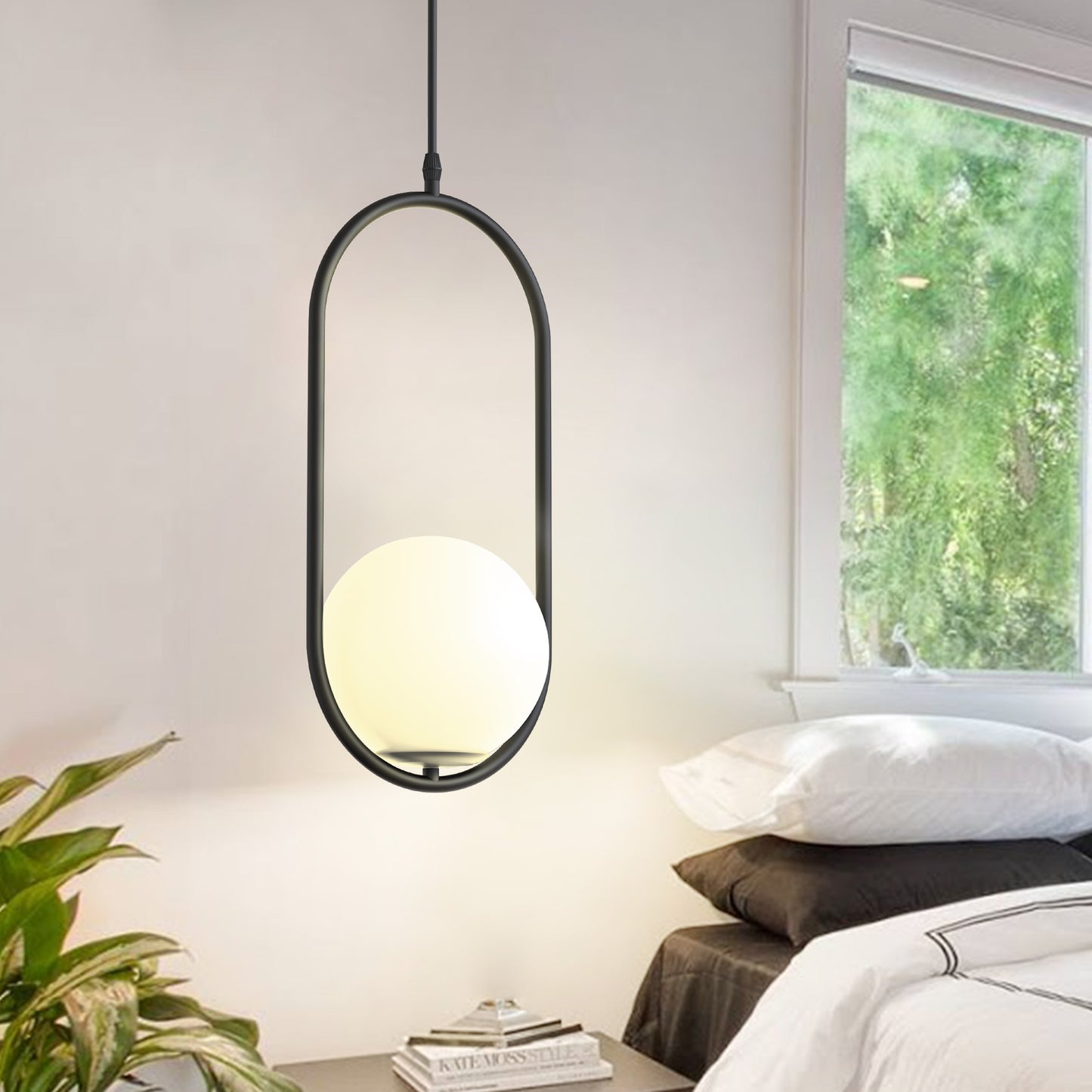 YANSUN 74.8 in. 1-Light Modern Black Pendant Light with Circular Ring Design and White Global Glass Shade E12 No Bulb Included