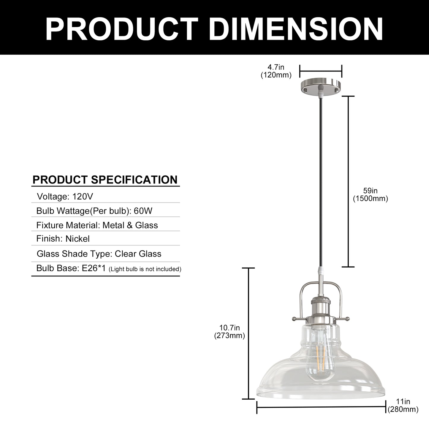 YANSUN 1-Light Chrome Glass Pendant Light with 11in Clear Glass Shade Convertible Flush Mount E26 Fixture