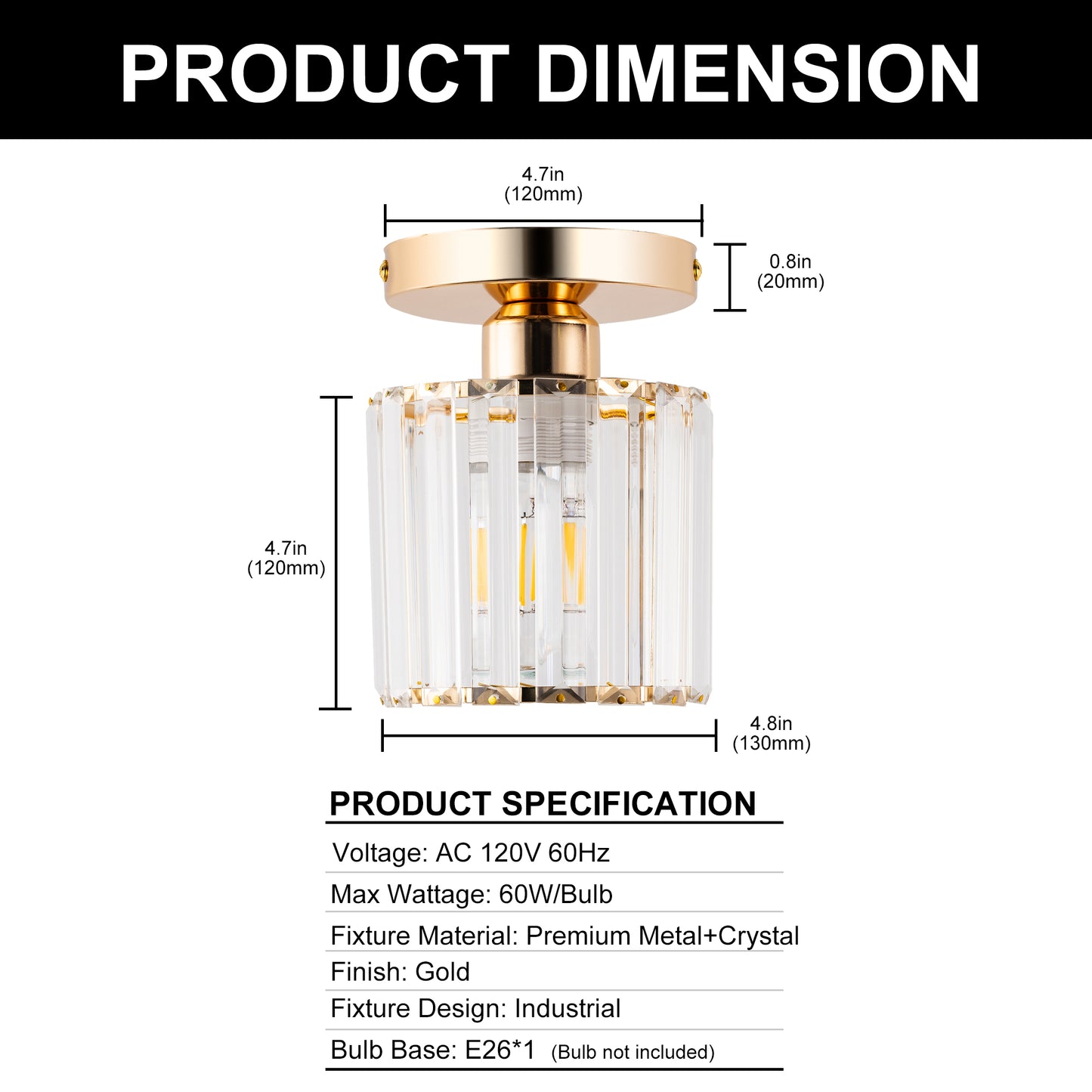 YANSUN 4.8 in. 1-Light Modern Gold Semi-Flush Mount with Crystal Shade (1-Pack)