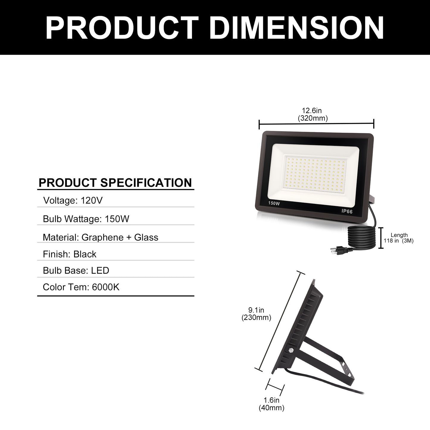 YANSUN 2-Pack LED Dusk to Dawn Flood Lights Outdoor 53.4W 3836LM Plug-in Security Spotlights IP66 Waterproof 6354K White Light