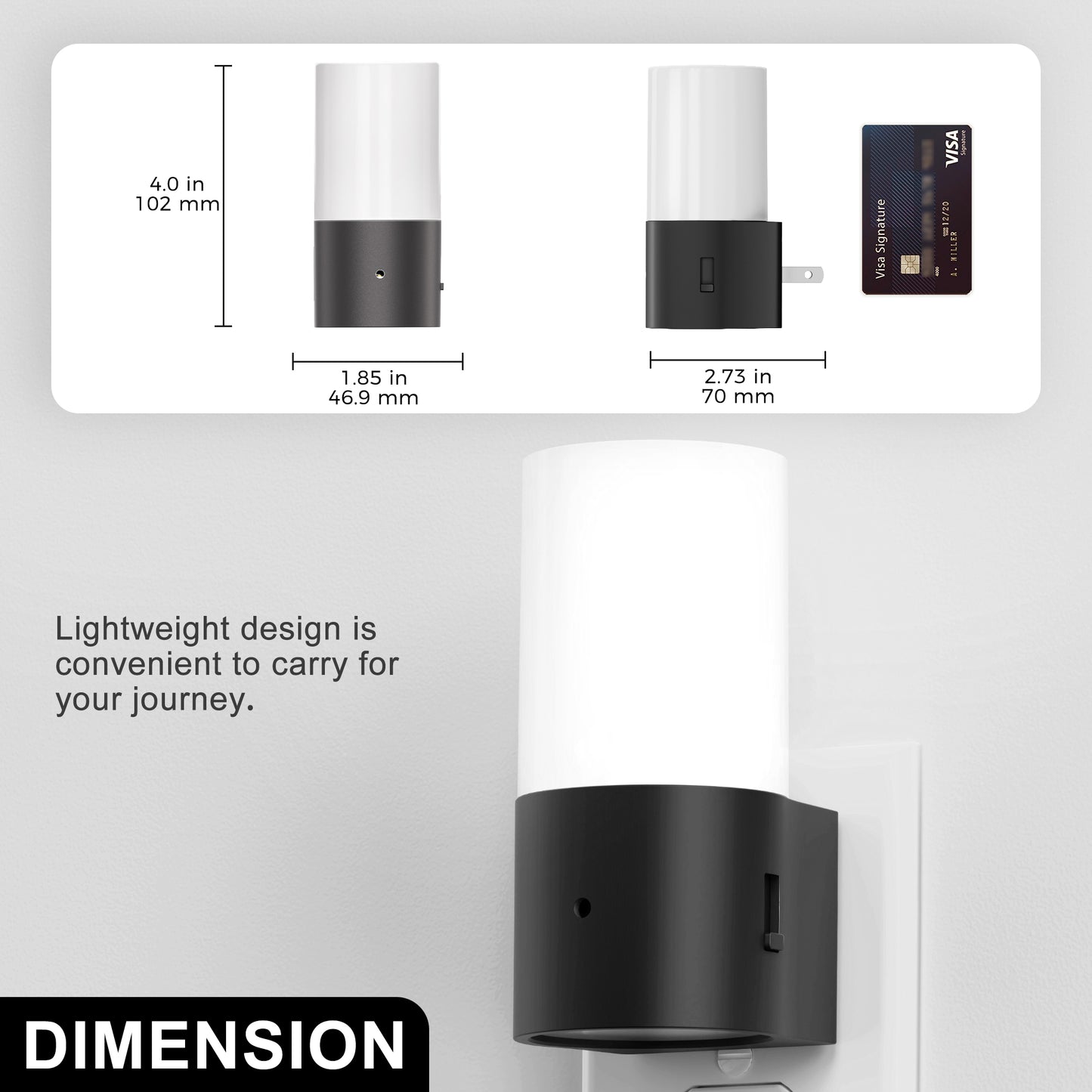 YANSUN 2-Pack 1W Black Cylinder Plug-In Light Sensor Night Lights with Sliding Dimming, Warm 3000K for Bedroom