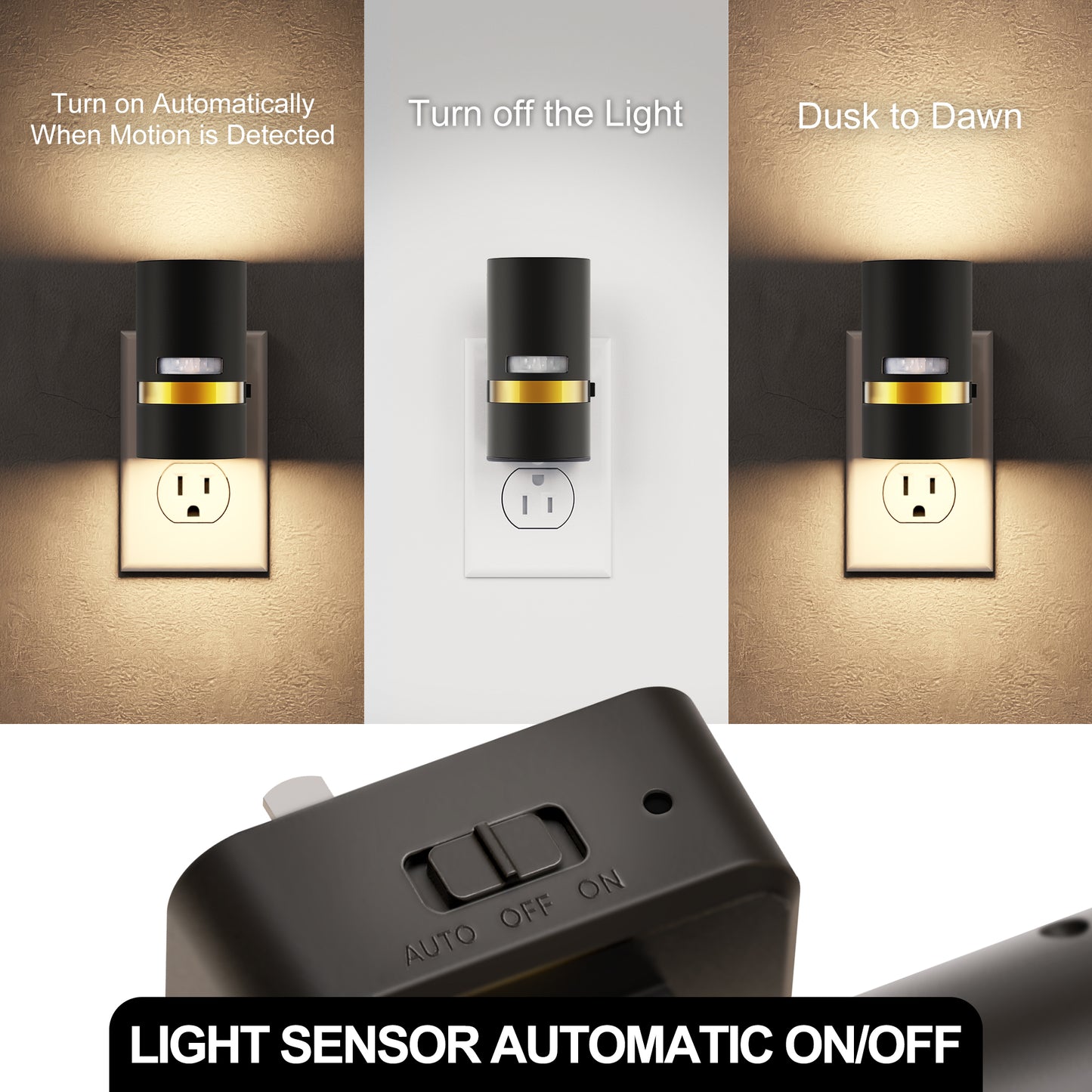 YANSUN 2-Pack Plug-In Motion Sensor Night Light Cylindrical Design with Black Finish and Gold Accent, 3000K, 3 Adjustable Modes