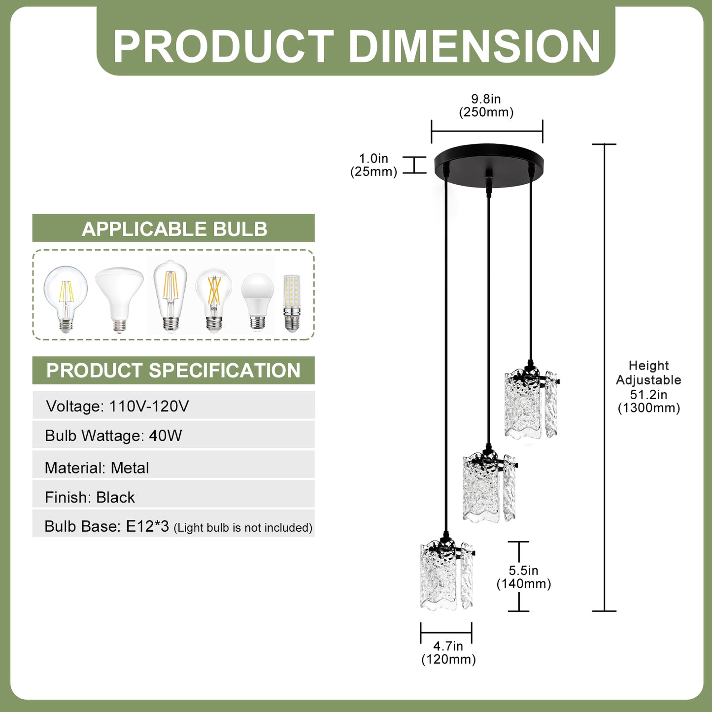 YANSUN 12.6 in 3-Light Cluster Black Powder-Coated Metal Frame Pendant Light with Clear Glass Shades, E12 Base