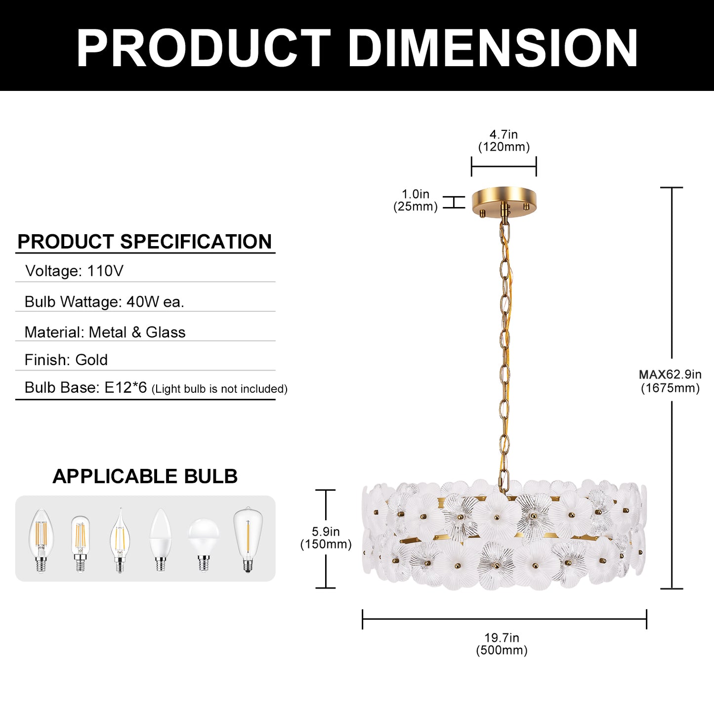 YANSUN 19.7 in. 6-Light Brass Drum Integrated LED Chandelier with Frosted Glass Panels, Modern E12 Pendant Light Fixture