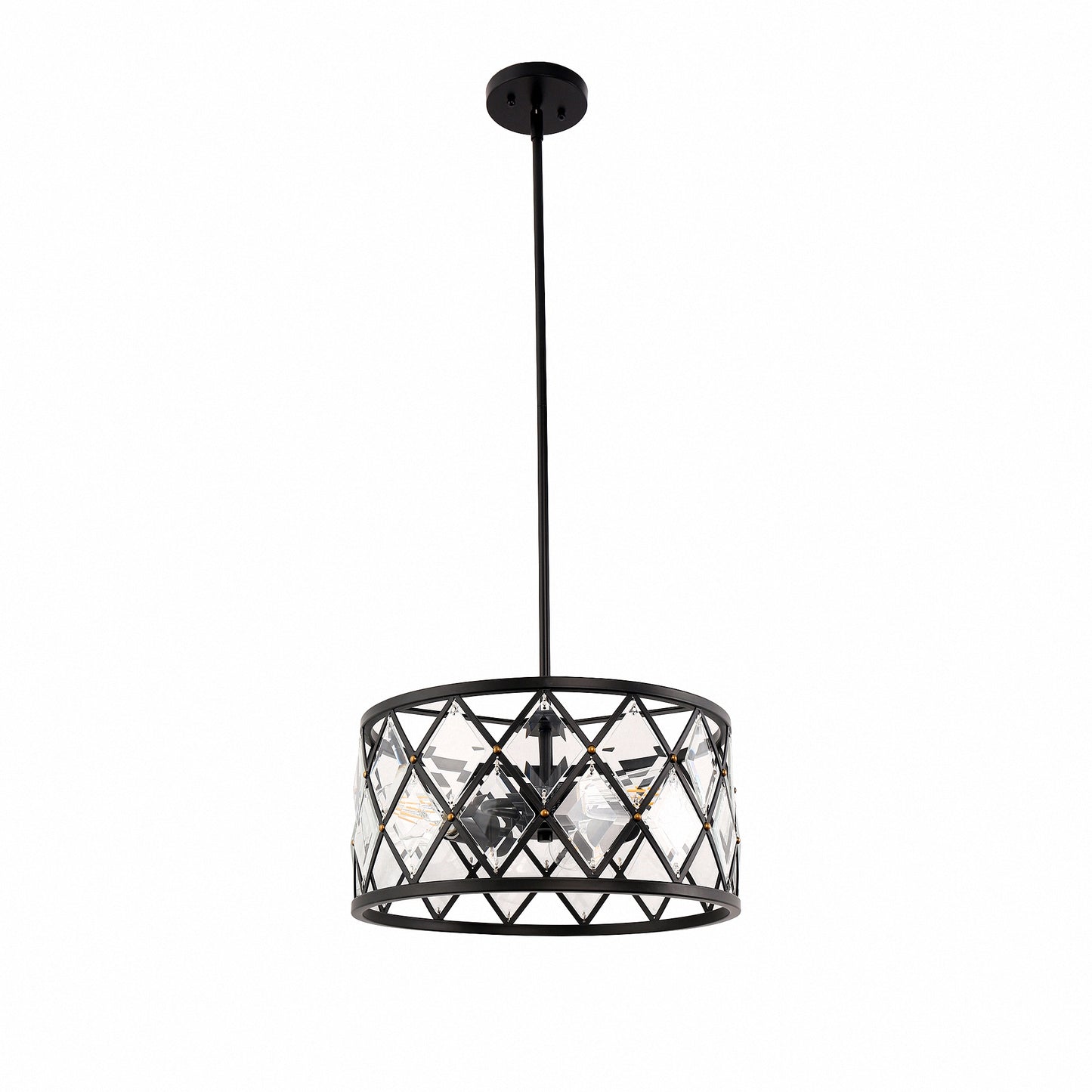YANSUN 3-Light Black Geometric Pendant Light with Drum Crystal Shade E26 and for Dining Room or Kitchen (Bulbs No Included)