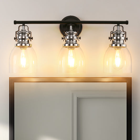 YANSUN 24 in. 3-Light Black and Nickel Vanity Light with Clear Glass Bell Shades for Bathroom and Powder Room