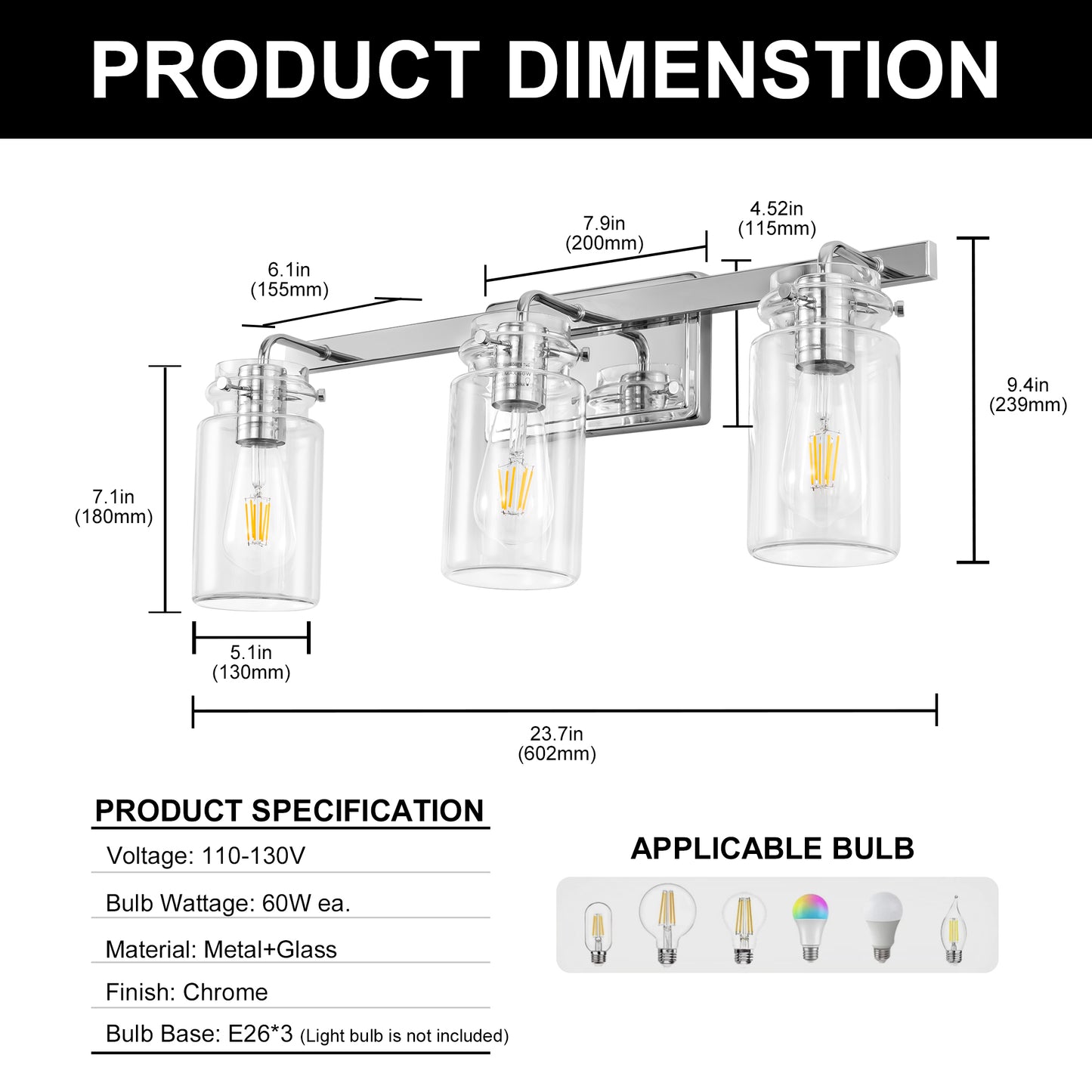 YANSUN 23.7 in. 3 Light Chrome Vanity Light with Clear Glass Shades and E26 Sockets for Bathroom Use