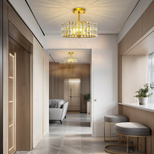 YANSUN 3-Light Gold Drum Chandelier with Crystal Glass Soft Shade for Dining Room, Bedroom with No Bulbs Included