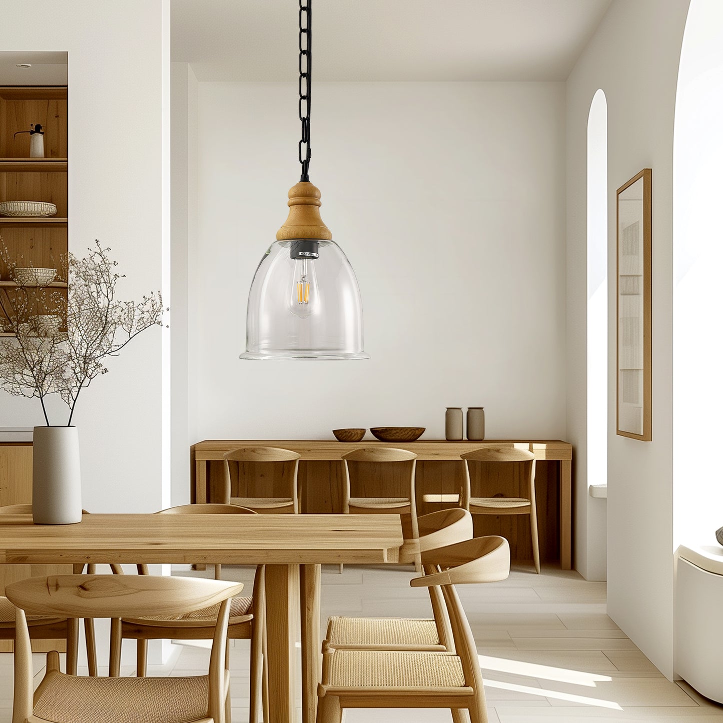 YANSUN 1-Light Pendant Light with Wood Grain Finish, Large Glass Shade, Non-Integrated E26 Base Hanging Fixture