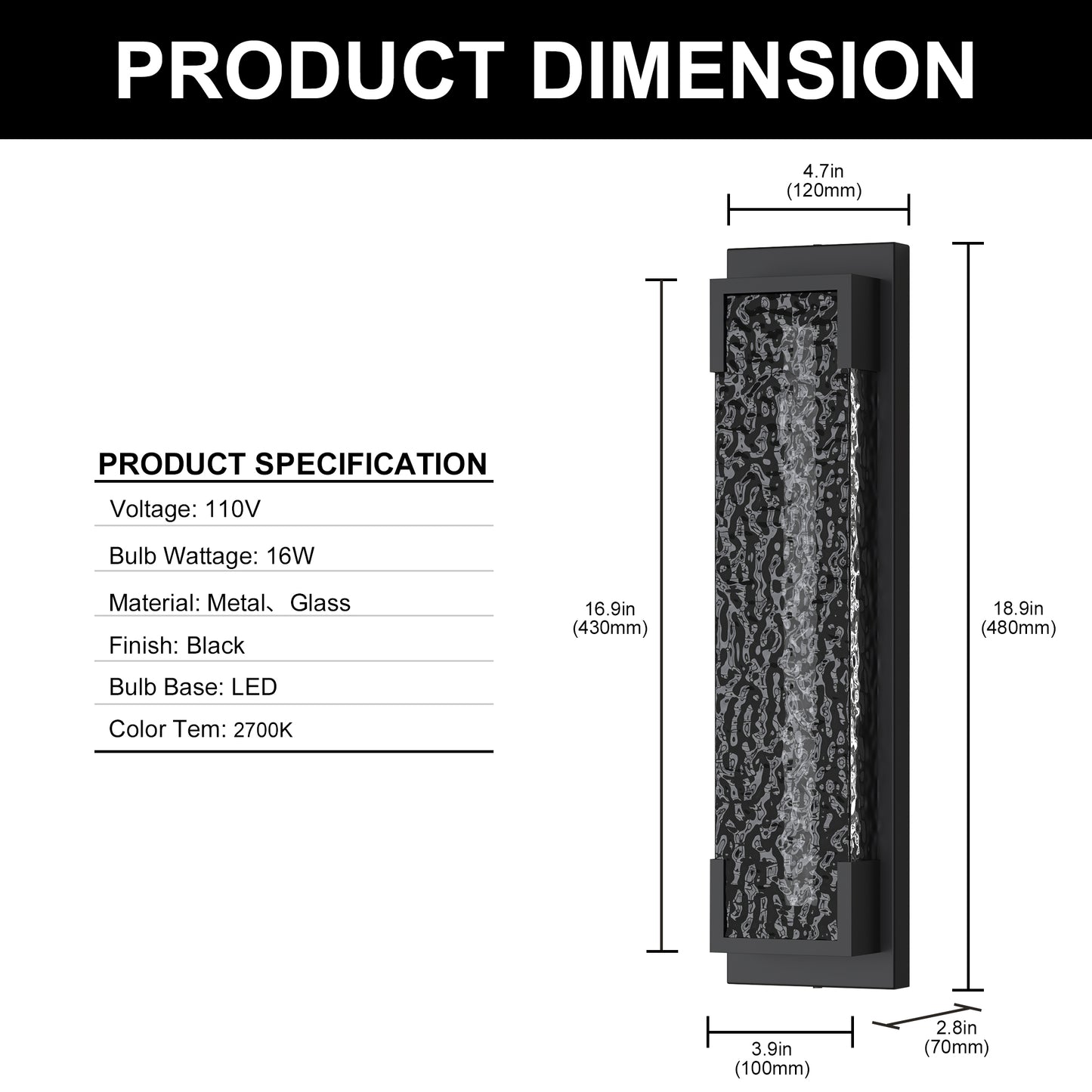 YANSUN Outdoor Wall Light with Wavy Glass Panel, Integrated LED 2700K Warm White, Sand Black Finish, 18.9-Inch Length