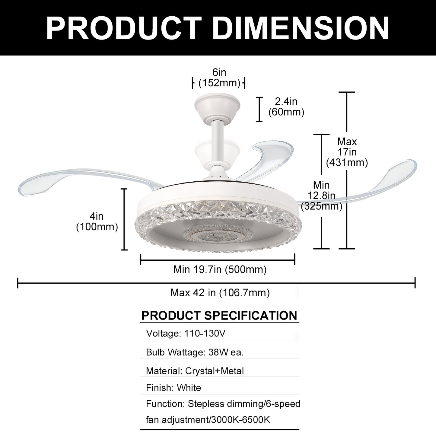 42 in. 38-Watt 3-Blade Standard Flush Mount Ceiling Fans with Clear Blades and Stepless Dimming, 120-Volt, White Finish