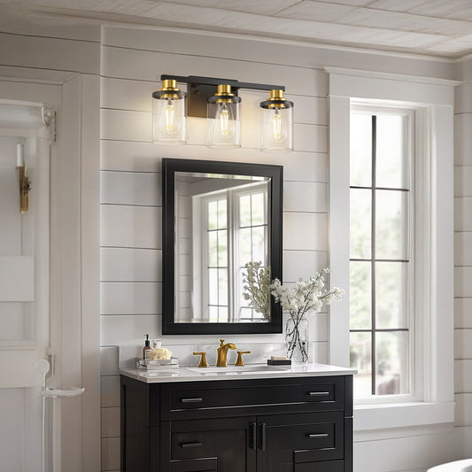YANSUN 20 in. 3-Light Black and Gold Vanity Light with Clear Glass Shades for Bathroom or Bedroom Mirror
