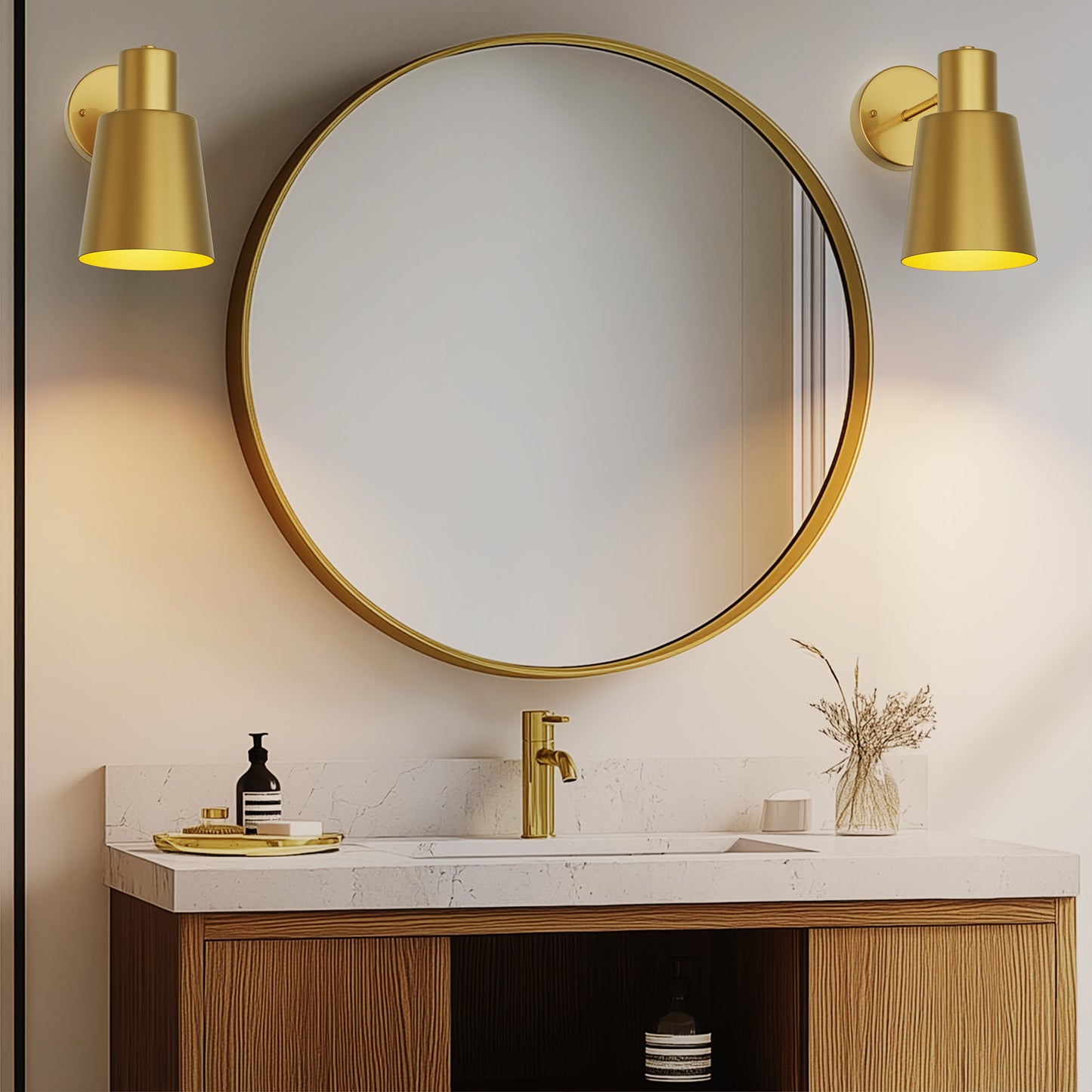 YANSUN 8 in. 1-Light Gold Dimmable Wireless Wall Sconces, LED Lights with Remote Control for Bathroom (2-Pack)