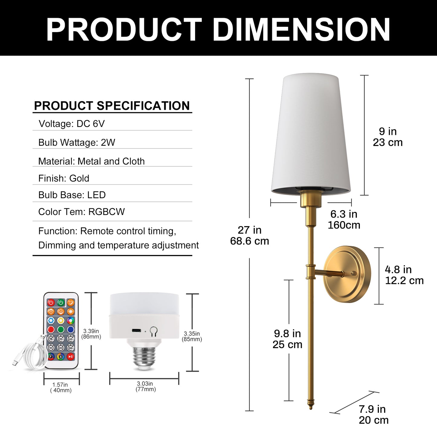 6.3 in. 2?Pack Traditional Copper Indoor Wall Sconce with E26 Socket and RGBCW Dimmable Fabric Shade for Bedroom