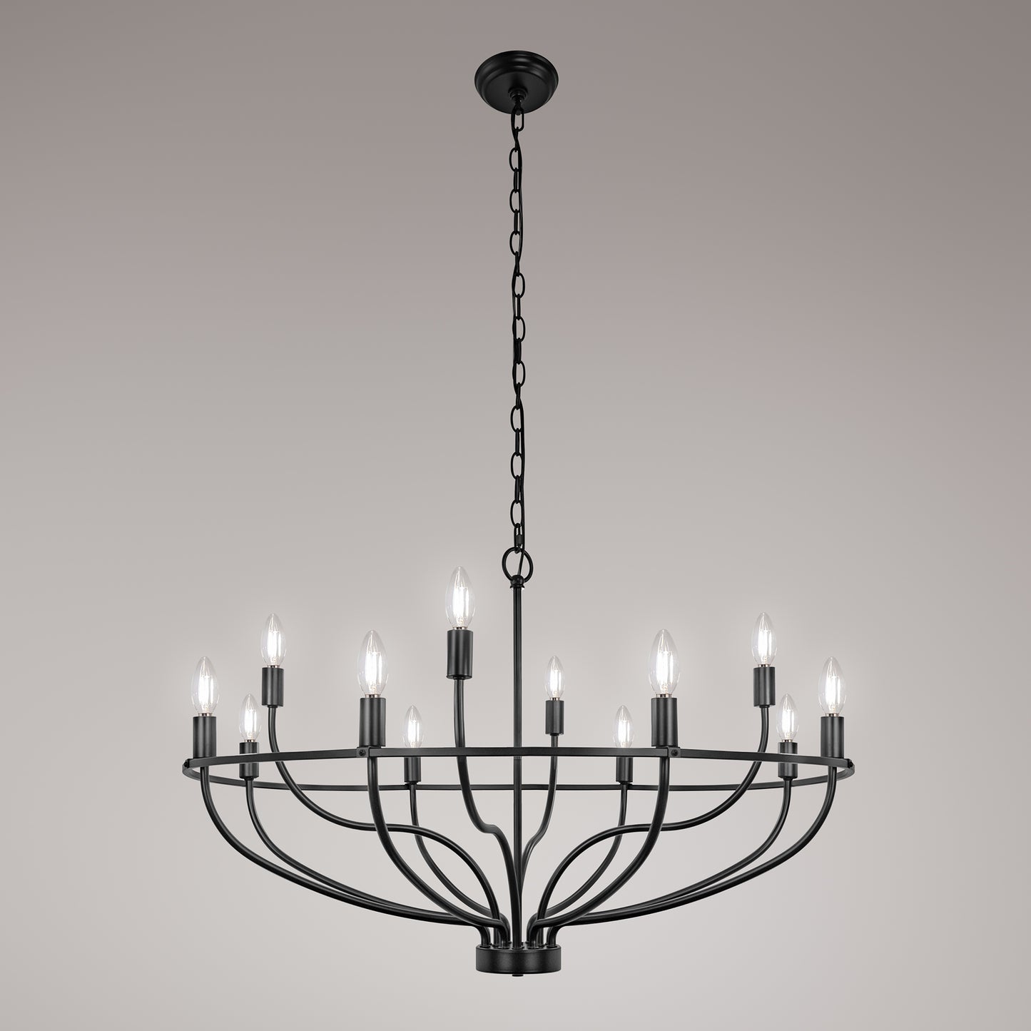 YANSUN 12-Light Black Wheel Shaped Chandelier Industrial E12 Large Circular Pendant Light Fixture for Kitchen No Bulb Included