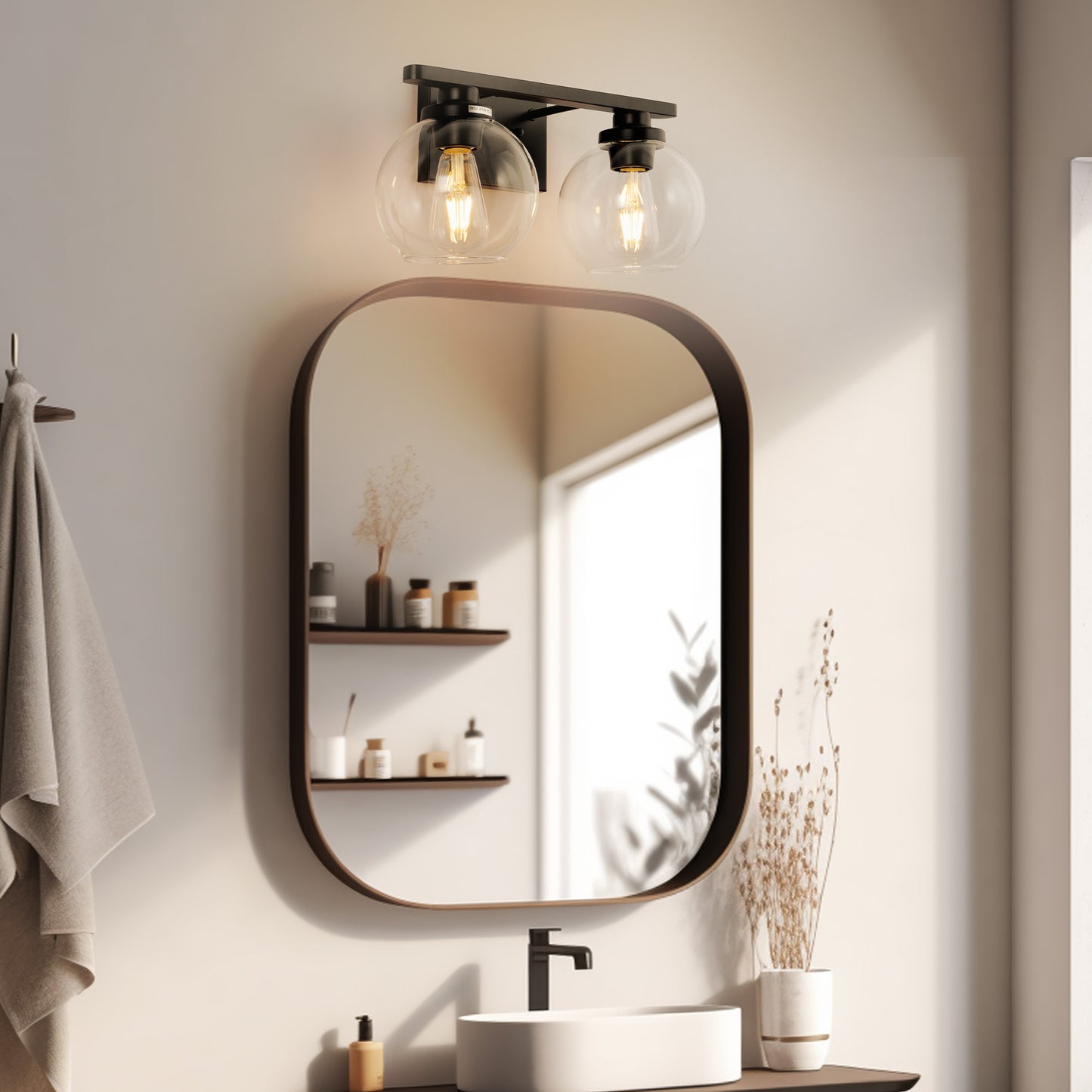 YANSUN 2-Light Bathroom Vanity Light Matte Black Wall Sconce with Open Globe Glass Shades E26 Modern Mirror Light Fixture