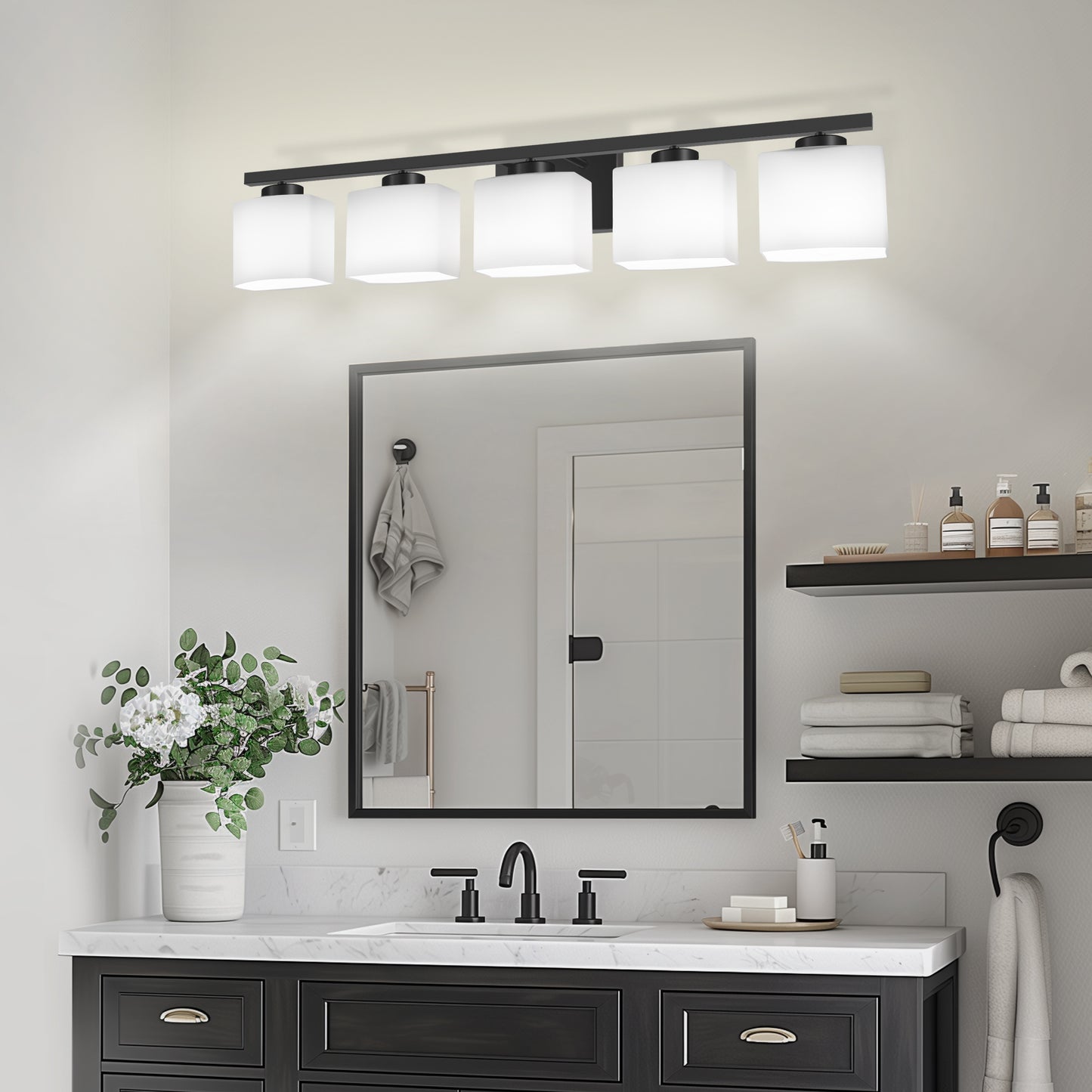 40 in. 5 Light Matte Black Modern Square Vanity Light with Milk White Glass Shades for Large Mirror in Bathroom