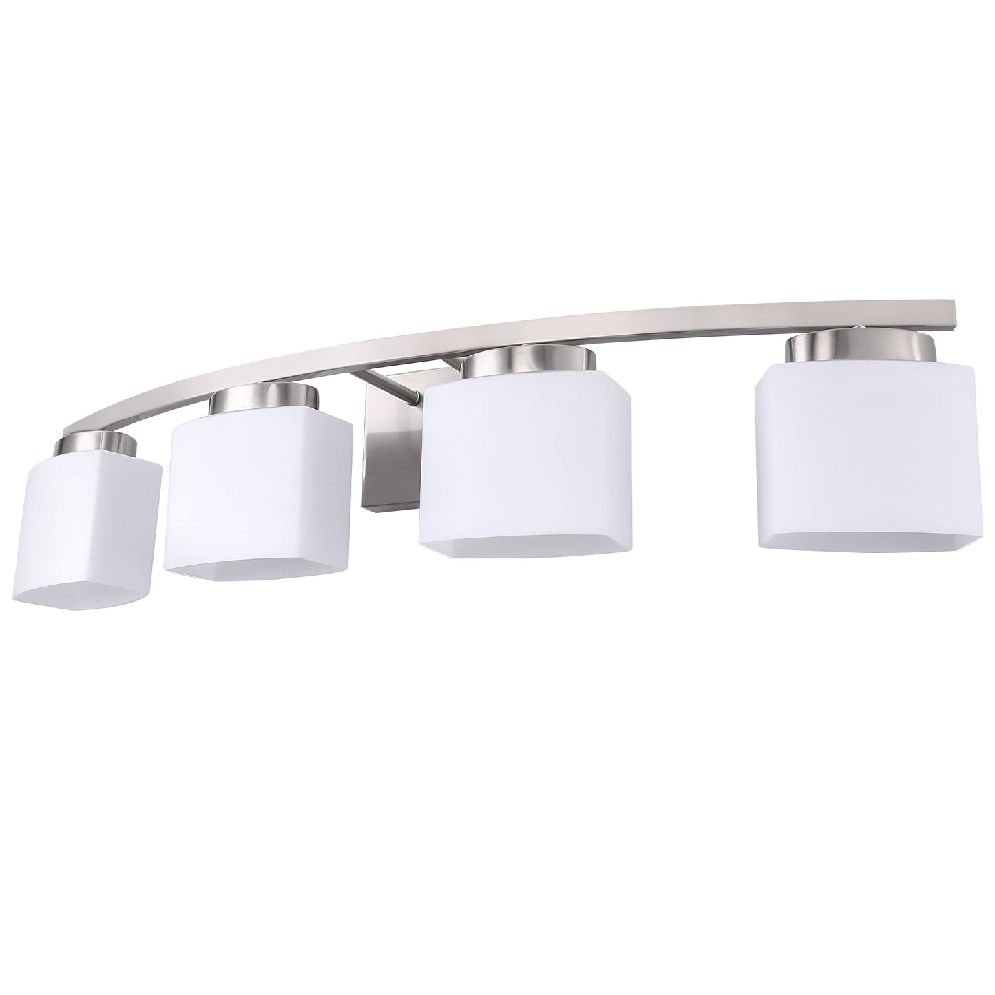 YANSUN 34 in. 4-Light Nickel Modern Square Vanity Light with Curved Arm and White Glass Shade for Powder Room Dressing Room