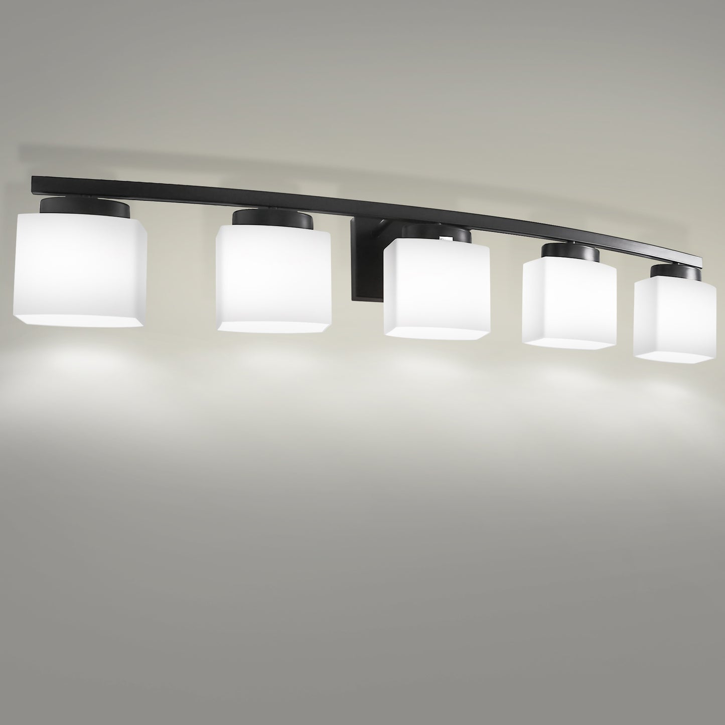 YANSUN 41 in. 5-Light Matte Black Modern Industrial Square Vanity Light for Bathroom with Curved Arms and Milk White Shades