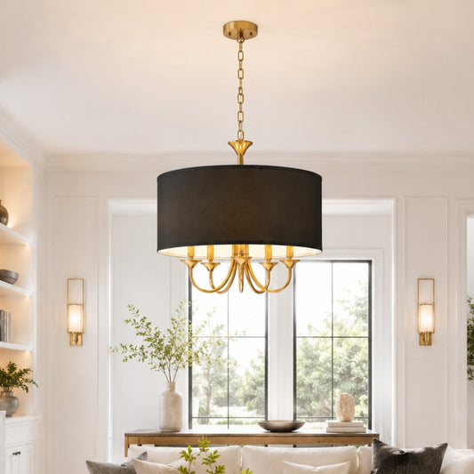 YANSUN 5-Light Gold Drum Chandelier KD Modern Branch Ceiling Light E12 Candle Fixture with Black Shades