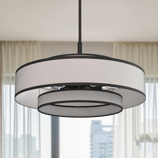 YANSUN 3-Tier 5-Head Matte Black KD Chandelier - Velcro Fabric Shades & Diffuser, 19.7in for Dining Room, E12 Socket