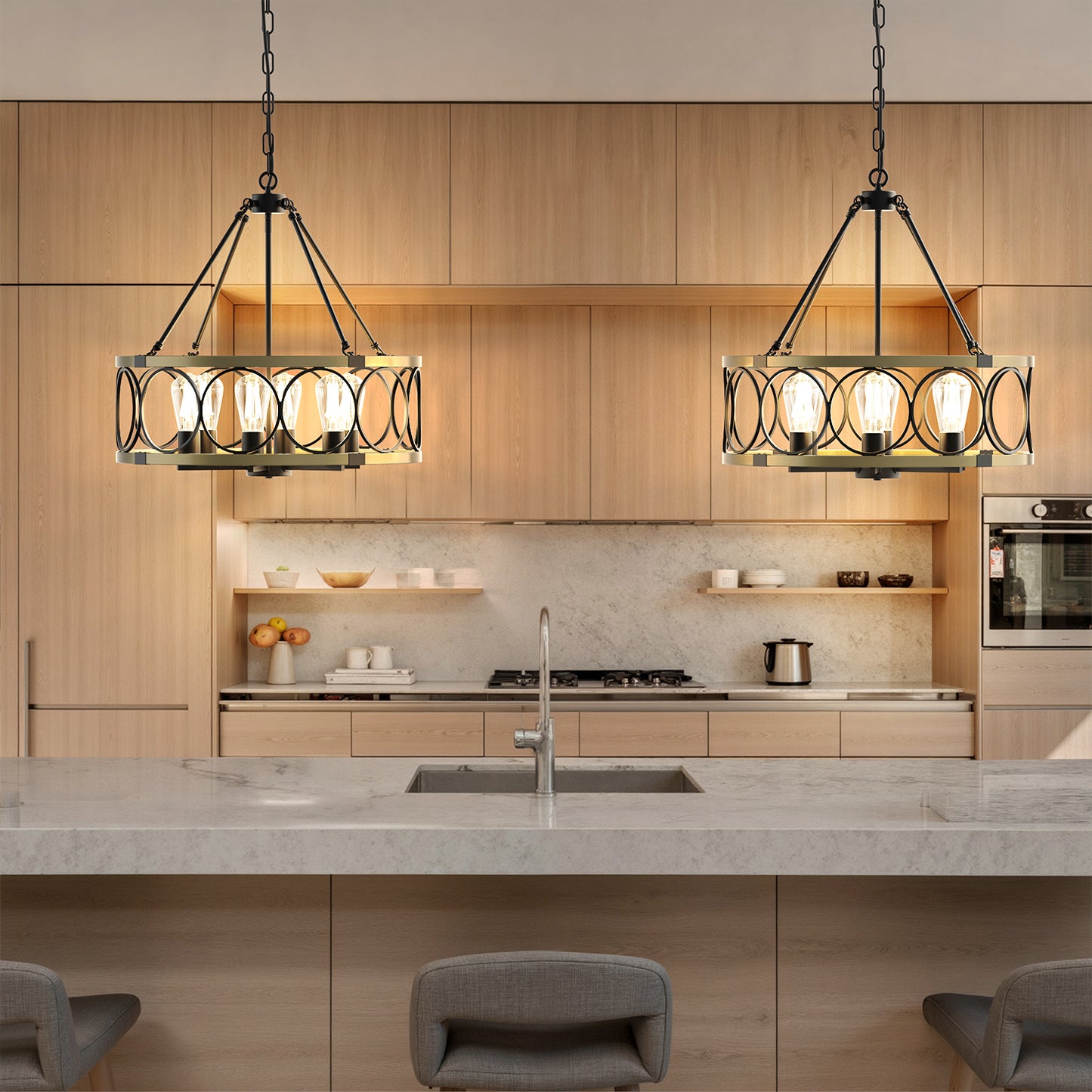YANSUN 6 Light Ring Matte Black and Gold Chandelier with Drum Metal Shade and 51.2 in. Chain, No Bulbs Included for Kitchen