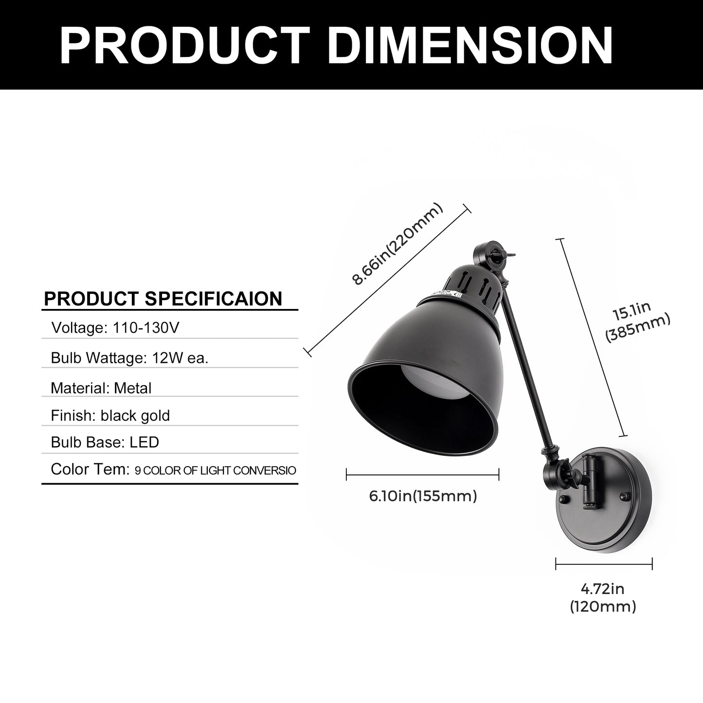 YANSUN 6 In. Plug-In Wall Sconces Set of 2, Tausende Black Metal Swing Arm Wall Lamps, Ideal for Bedroom or Cozy Reading Nook