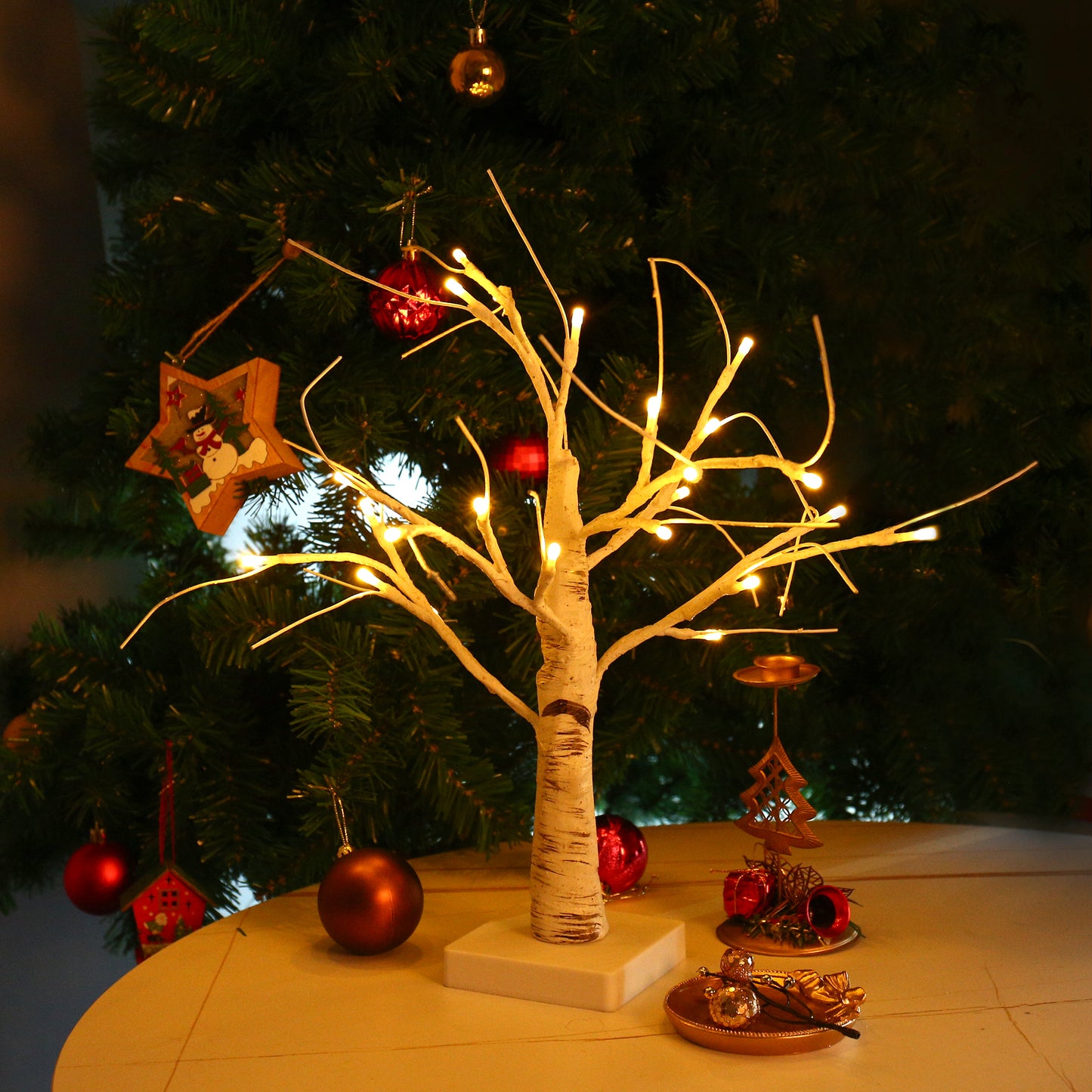YANSUN 17.7in LED Birch Tree Light Warm White Tabletop Decorative Tree Lamp with Square Base for Bedroom Holiday Décor