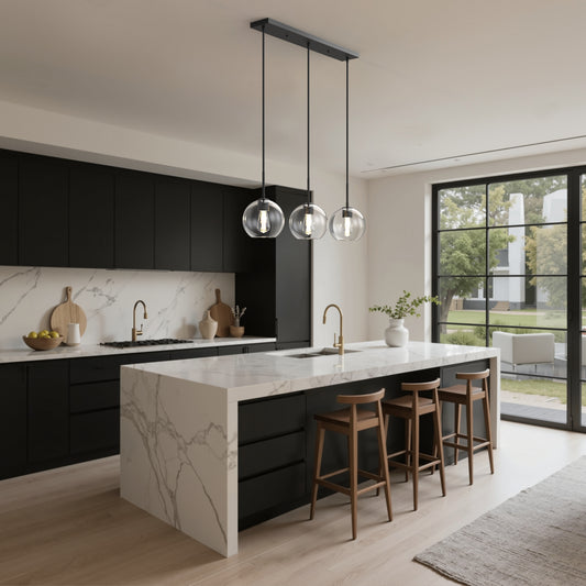 YANSUN 3-Light Island Pendant with Clear Glass Globes, Industrial Matte Black Finish for Kitchen & Dining (7.9"x5.1")