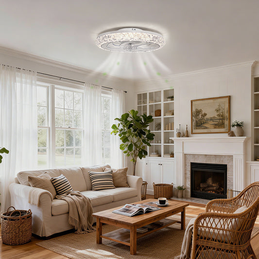 YANSUN 19 in. 15W 7-Blade White Crystal Ceiling Fan with Stepless Dimming and Night Light, Brightness Adjustment 3000 to 6500K