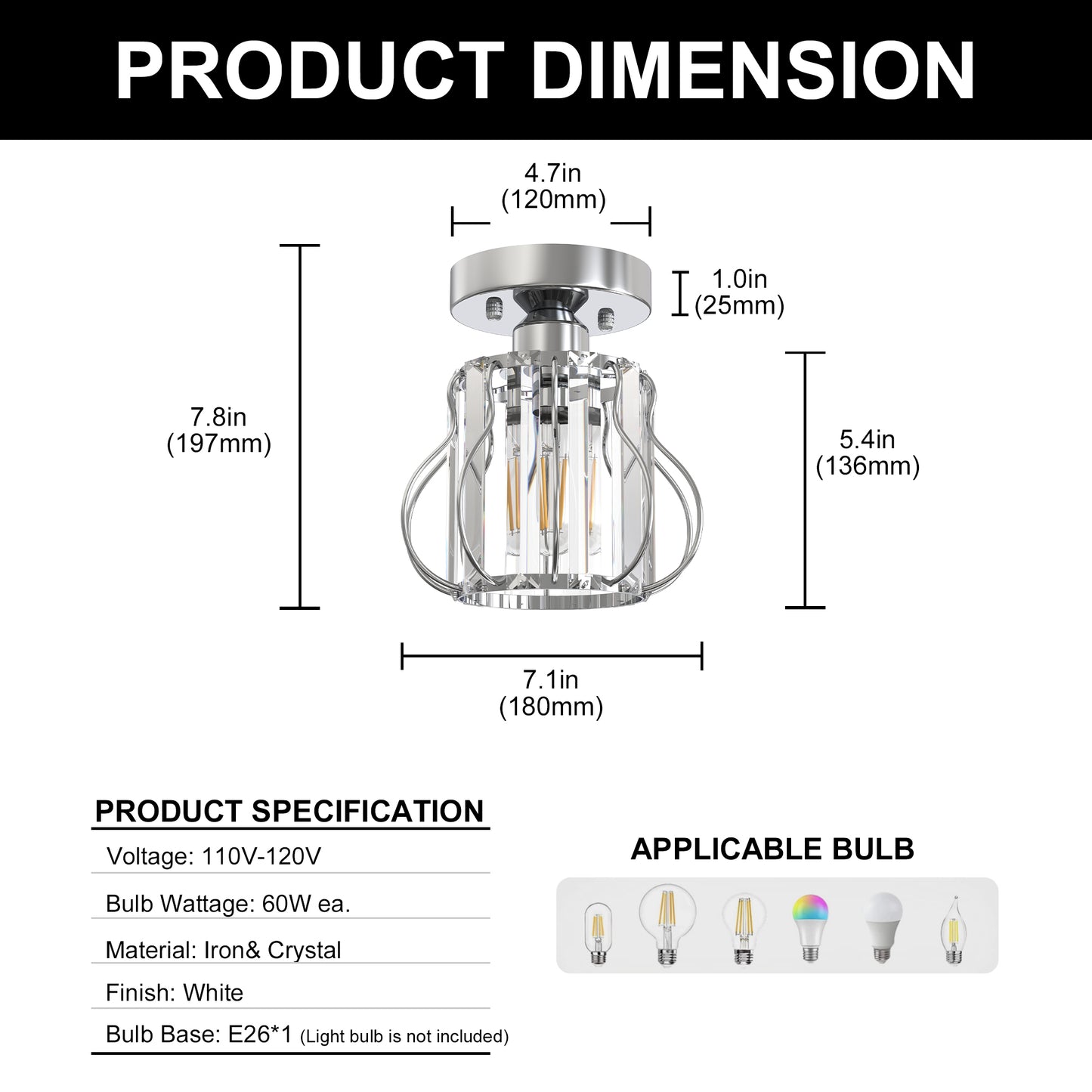 YANSUN 7.1-Inch Semi-Flush Mount Ceiling Light, Triangular Crystal Bars, Chrome Finish, Traditional Design