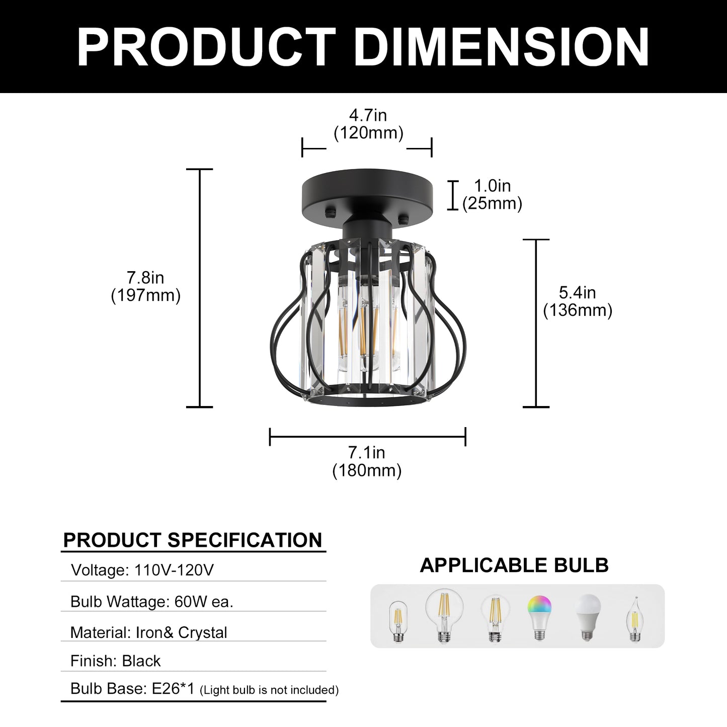 YANSUN 7.1-Inch Semi-Flush Mount Ceiling Light, Triangular Crystal Bars, Matte Black Finish, Modern Design