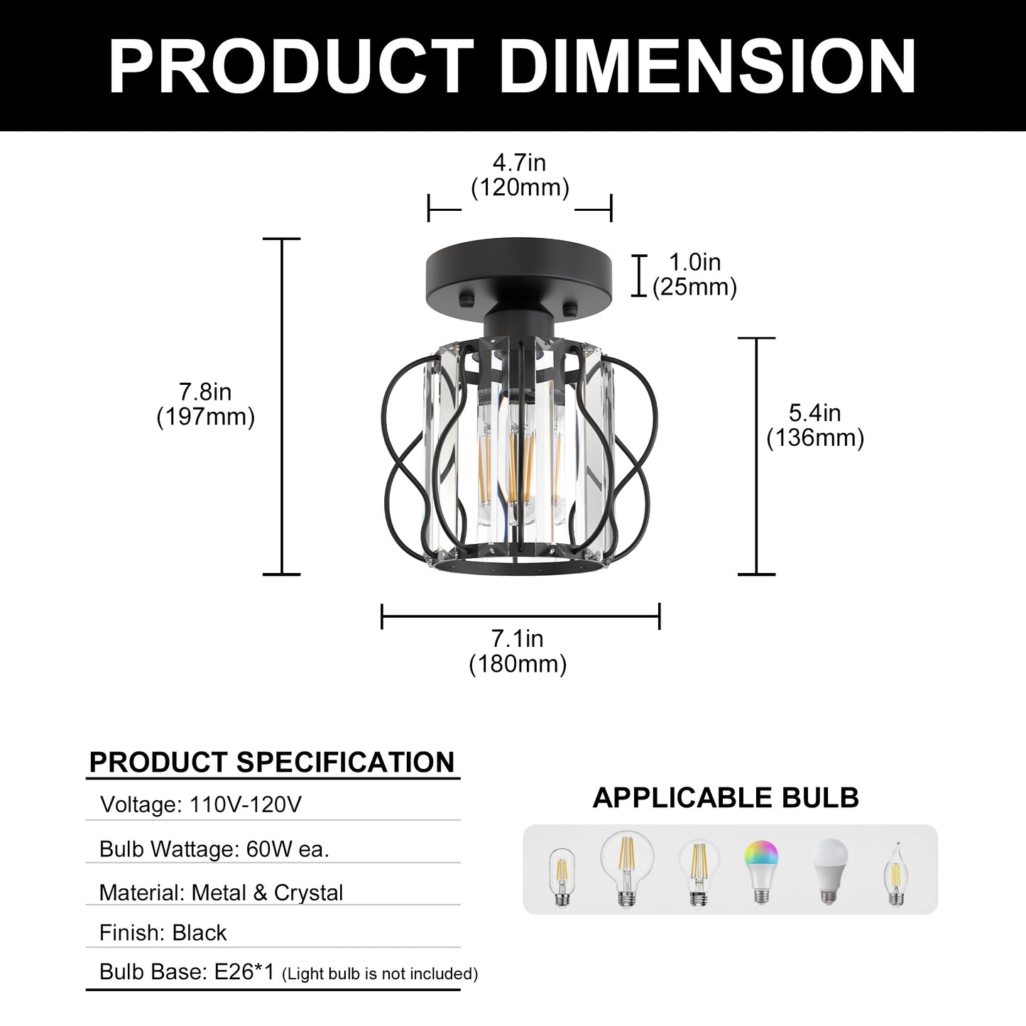YANSUN Black Corridor Semi Flush Ceiling Light with Triangular Crystal Strips 7.1in E26 Bulb Not Included