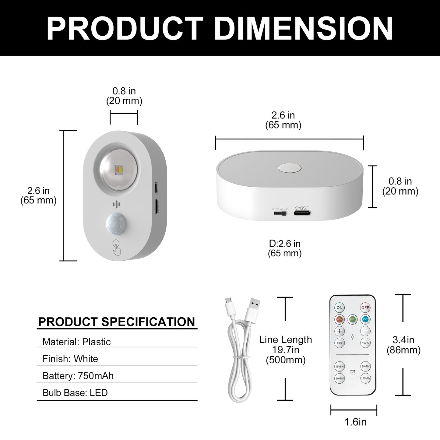 YANSUN 2.6 in. 0.6W 1-Light Cat-Eye Motion Sensor Integrated LED Under Cabinet Light with Remote Control,Wireless 6-Pack