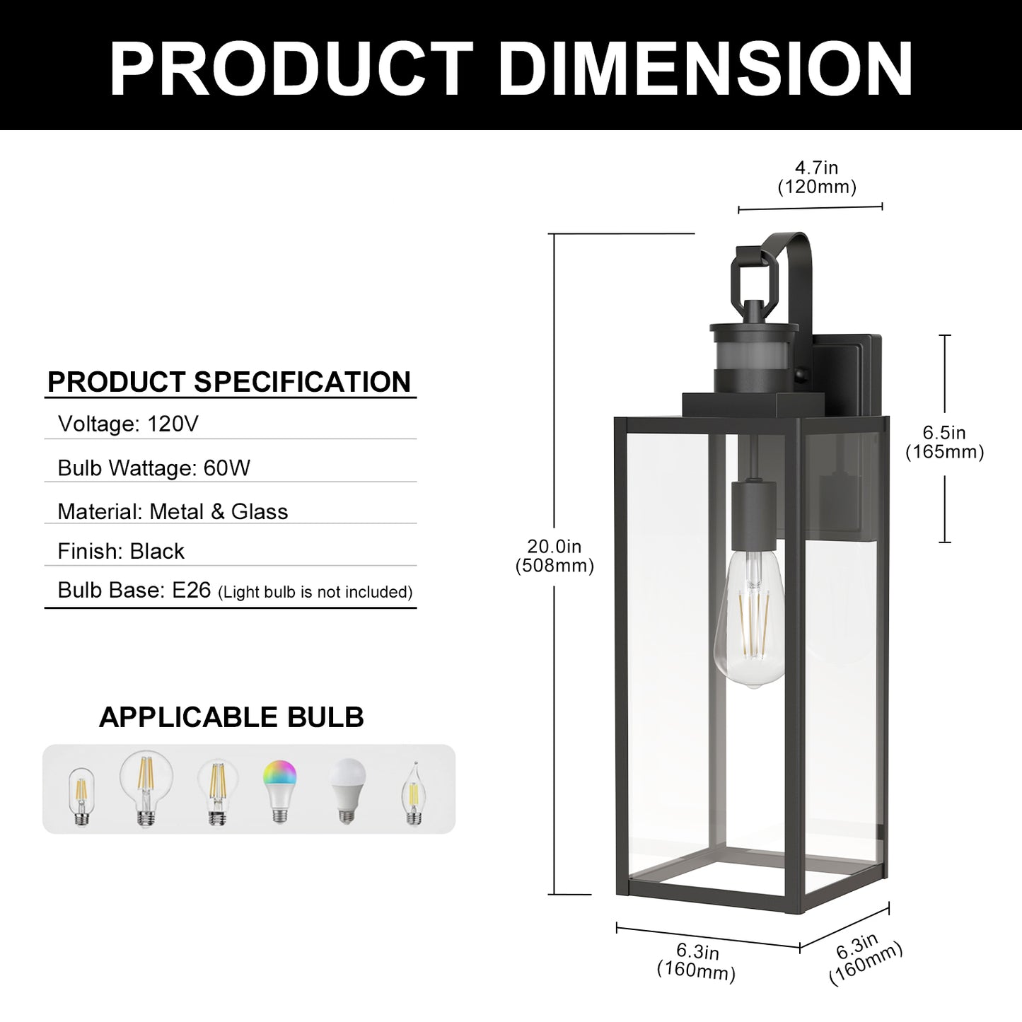 YANSUN 2-Pack Outdoor Wall Sconce, 20 Inch Black Exterior Wall Light with Square Clear Glass and Motion Sensor, E26 Base, IP23