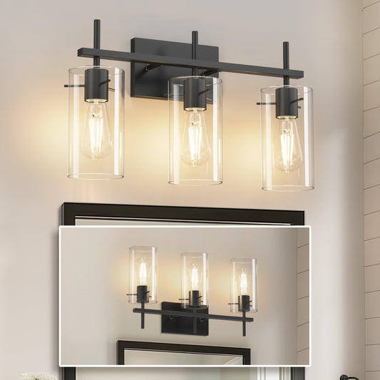 YANSUN 3-Head Black Bathroom Vanity Light with E26 Sockets, Non-Integrated Bulbs, Three-Hole Pierced Glass Shade