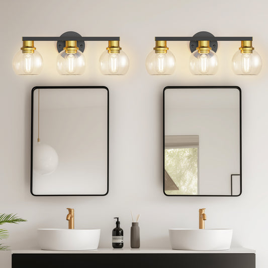 YANSUN 19 in. Black and Gold 3-Light Bathroom Vanity Light, LED Powder Room Lighting with Clear Globe Shades for Dressers
