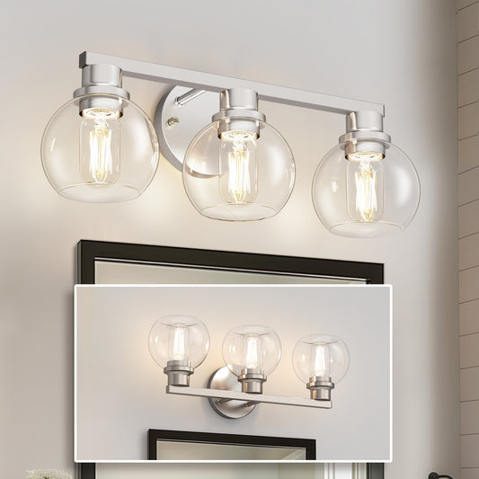 YANSUN 19 in. 3-Light Brushed Nickel Bathroom Vanity Light, Powder Room Lighting with Clear Globe Shades for Bathroom Dressers